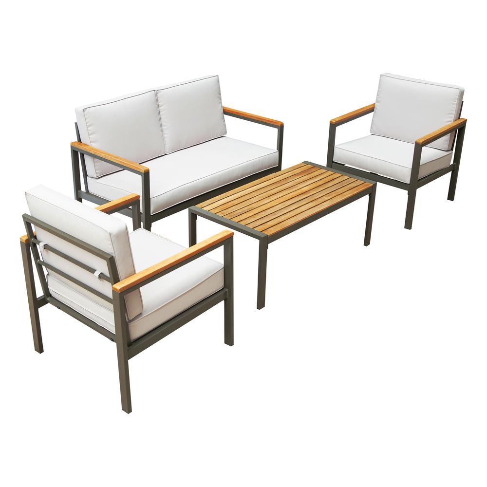 RIBE Aluminum  4 Piece Patio Set with Wood Accents and Beige Cushions