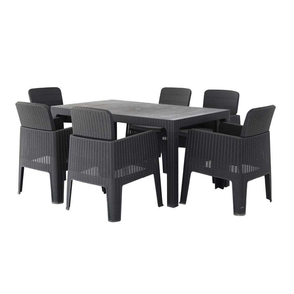 LUCCA 7 Piece Dining Set, Black with Grey Cushions