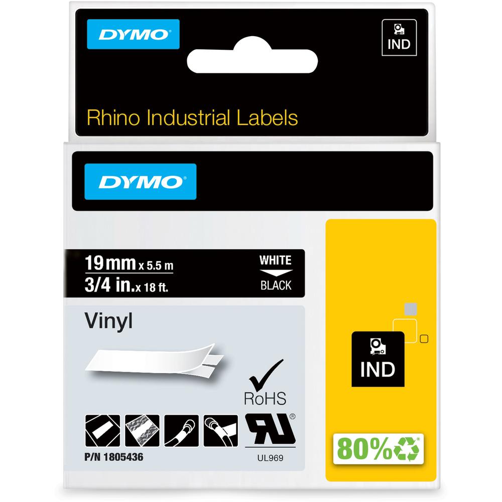 Dymo Colored 3/4" Vinyl Label Tape - 15/32" Width - Permanent Adhesive - Thermal Transfer - White - Vinyl - 1 Each - Self-adhesi