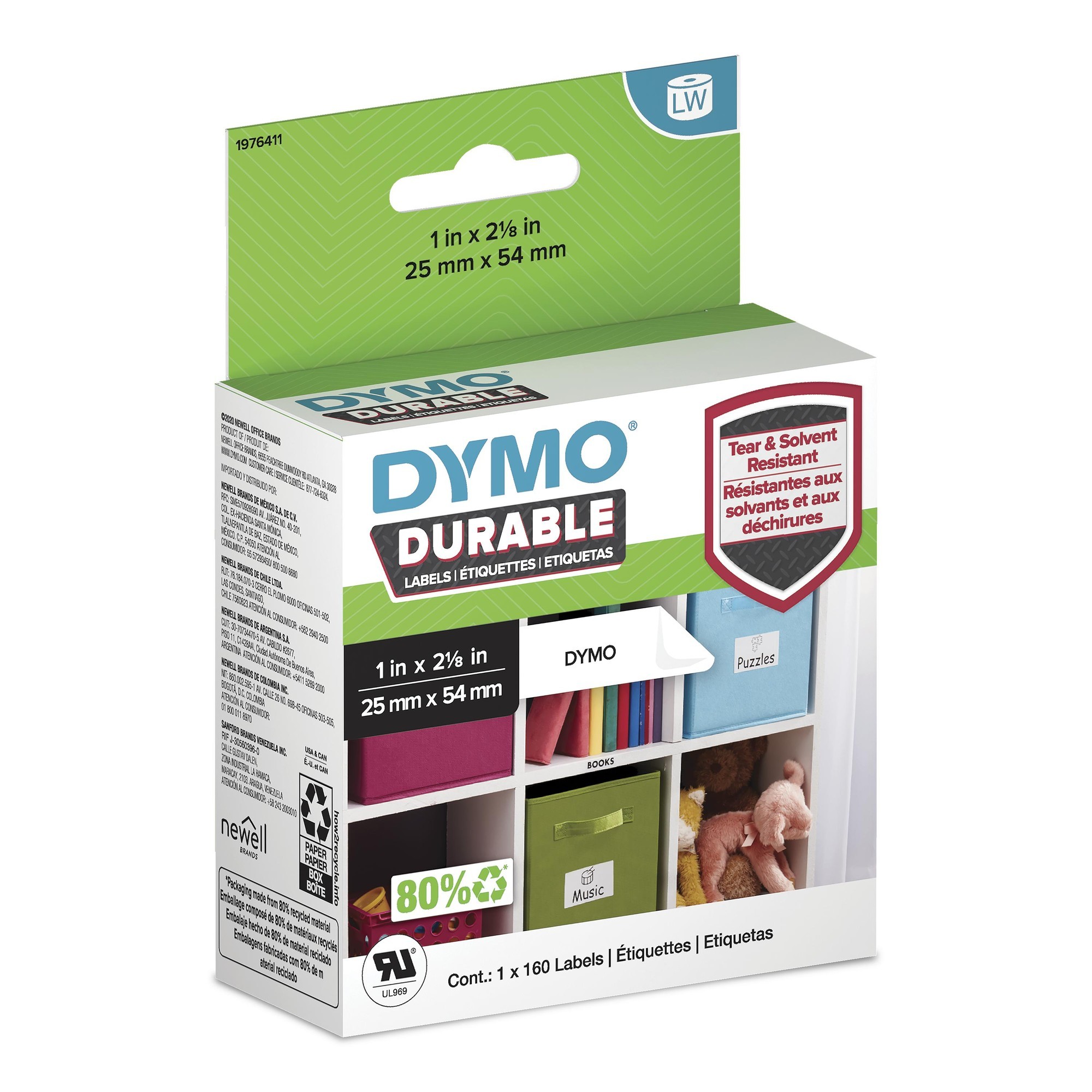 Dymo LabelWriter Labels - 1" Width x 2 1/8" Length - Permanent Adhesive - Thermal Transfer - White - Plastic, Polypropylene - 16