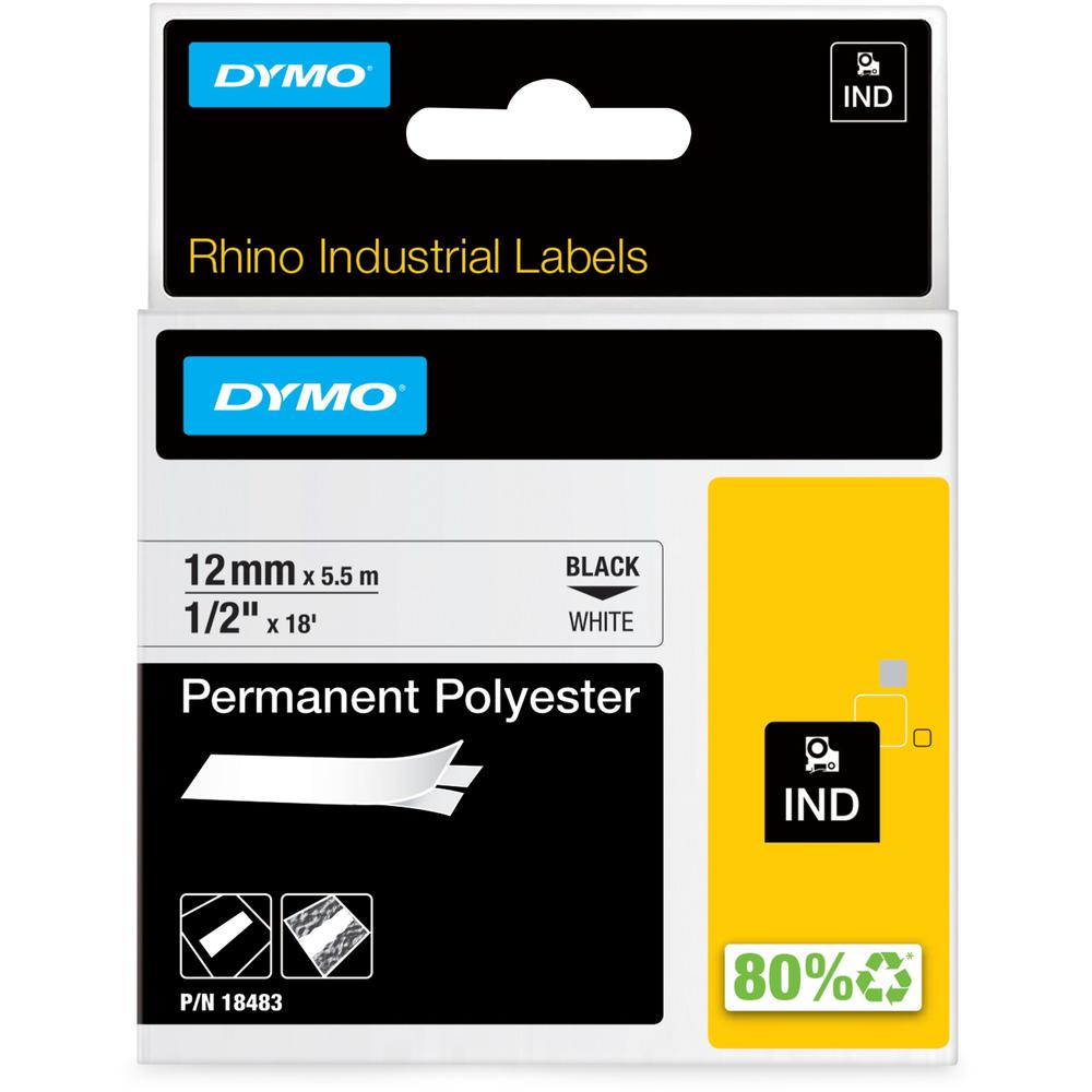 Dymo Rhino Permanent Poly Labels - 1/2" Width - Permanent Adhesive - Thermal Transfer - White, Black - Polyester - 1 Each - Easy