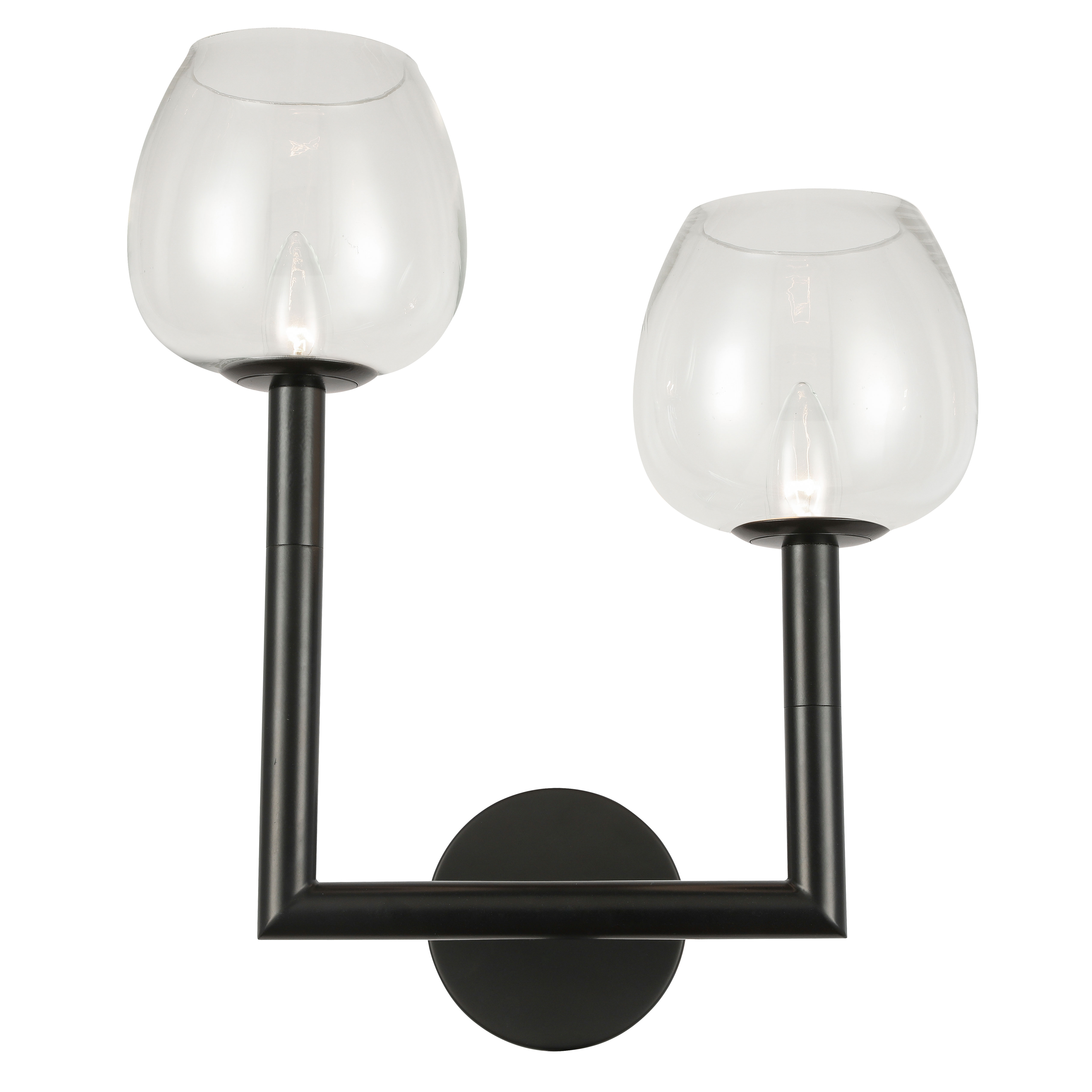 2 Light Incandescent Wall Sconce, Matte Black w/ Clear Glass