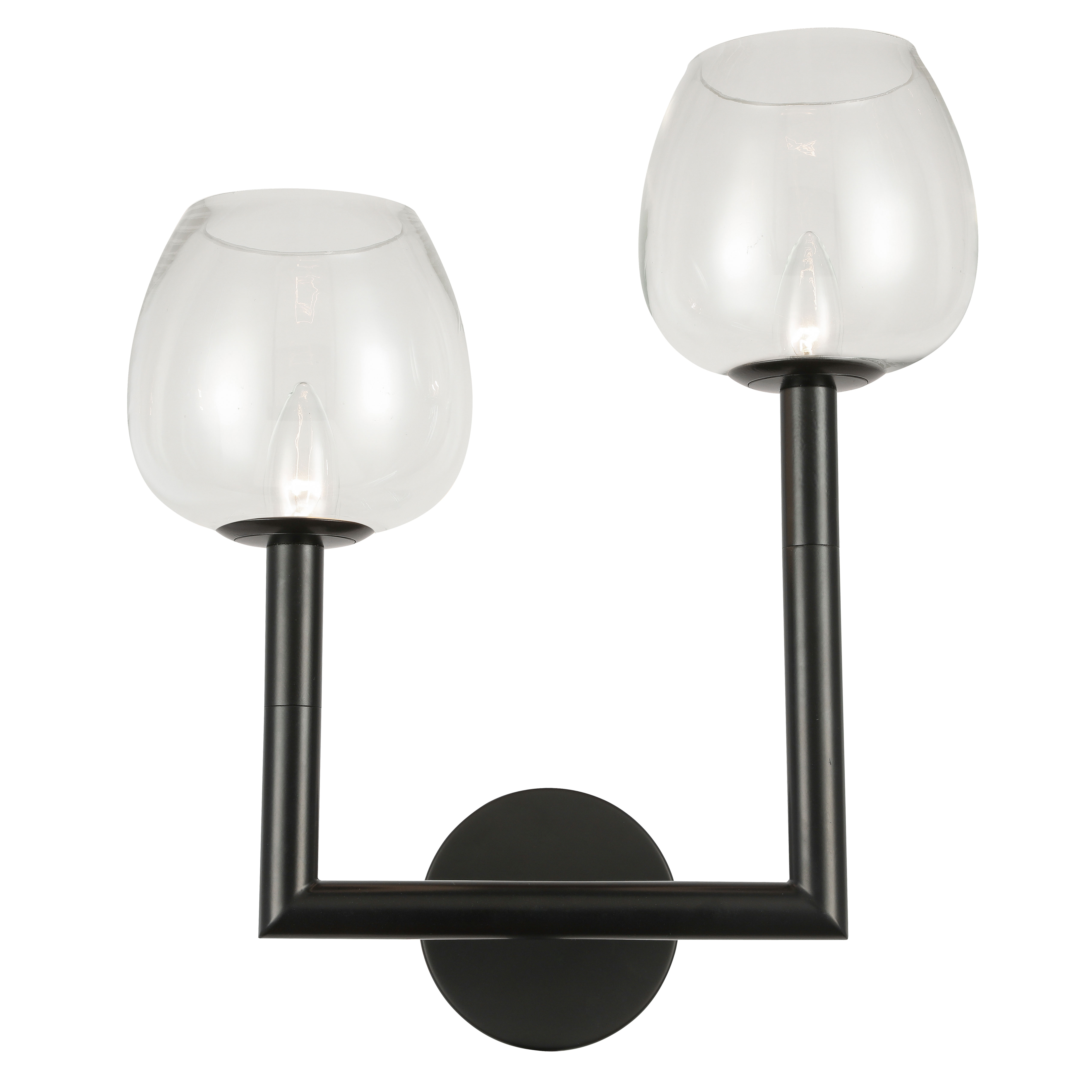 2 Light Incandescent Wall Sconce, Matte Black w/ Clear Glass