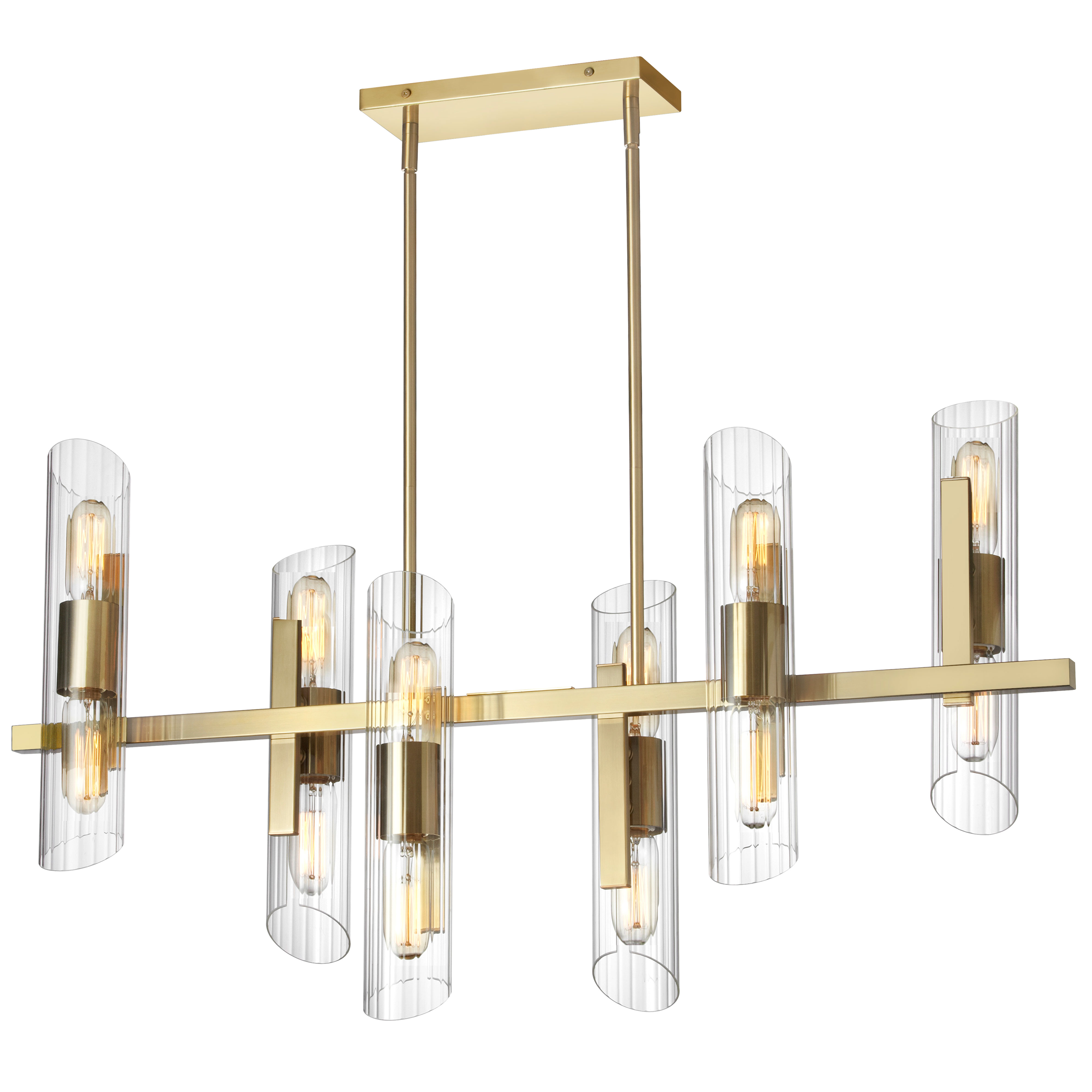 12 Light Horizontal Aged Brass Chandelier w/ Clear Fluted Glass
