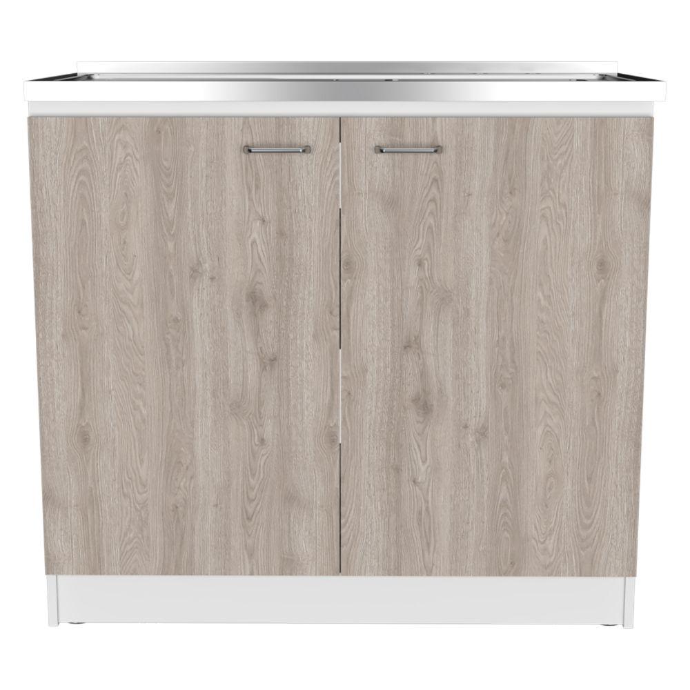 DEPOT E-SHOP Salento Freestanding Sink, Two-Door Cabinet, Countertop, Two Shelves- White/Light Grey, For Kitchen
