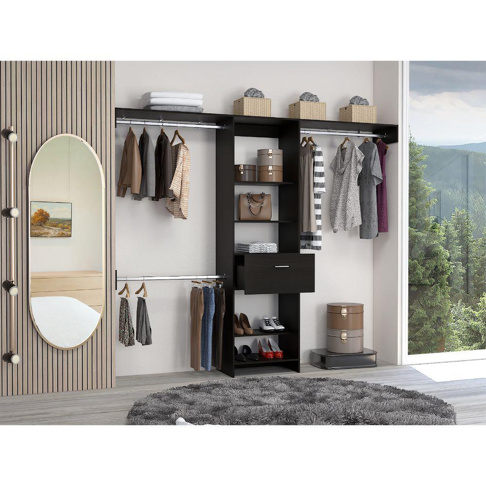 DEPOT E-SHOP Brisk Closet System, One Drawer, Three Metal Rods, Five Open Shelves-Black, For Bedroom