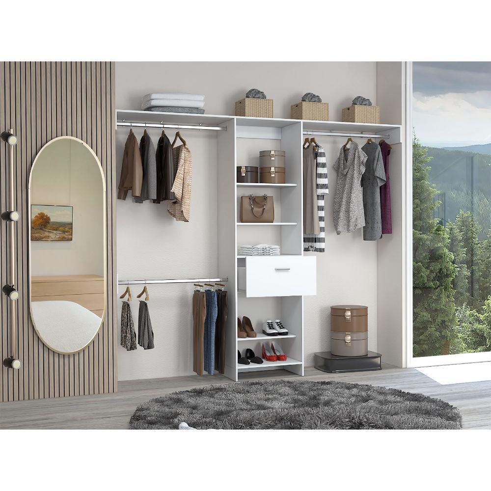 DEPOT E-SHOP Brisk Closet System, One Drawer, Three Metal Rods, Five Open Shelves-White, For Bedroom