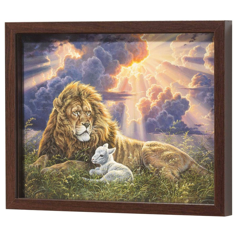 Framed Wall Art Lion & Lamb Peace Walnut