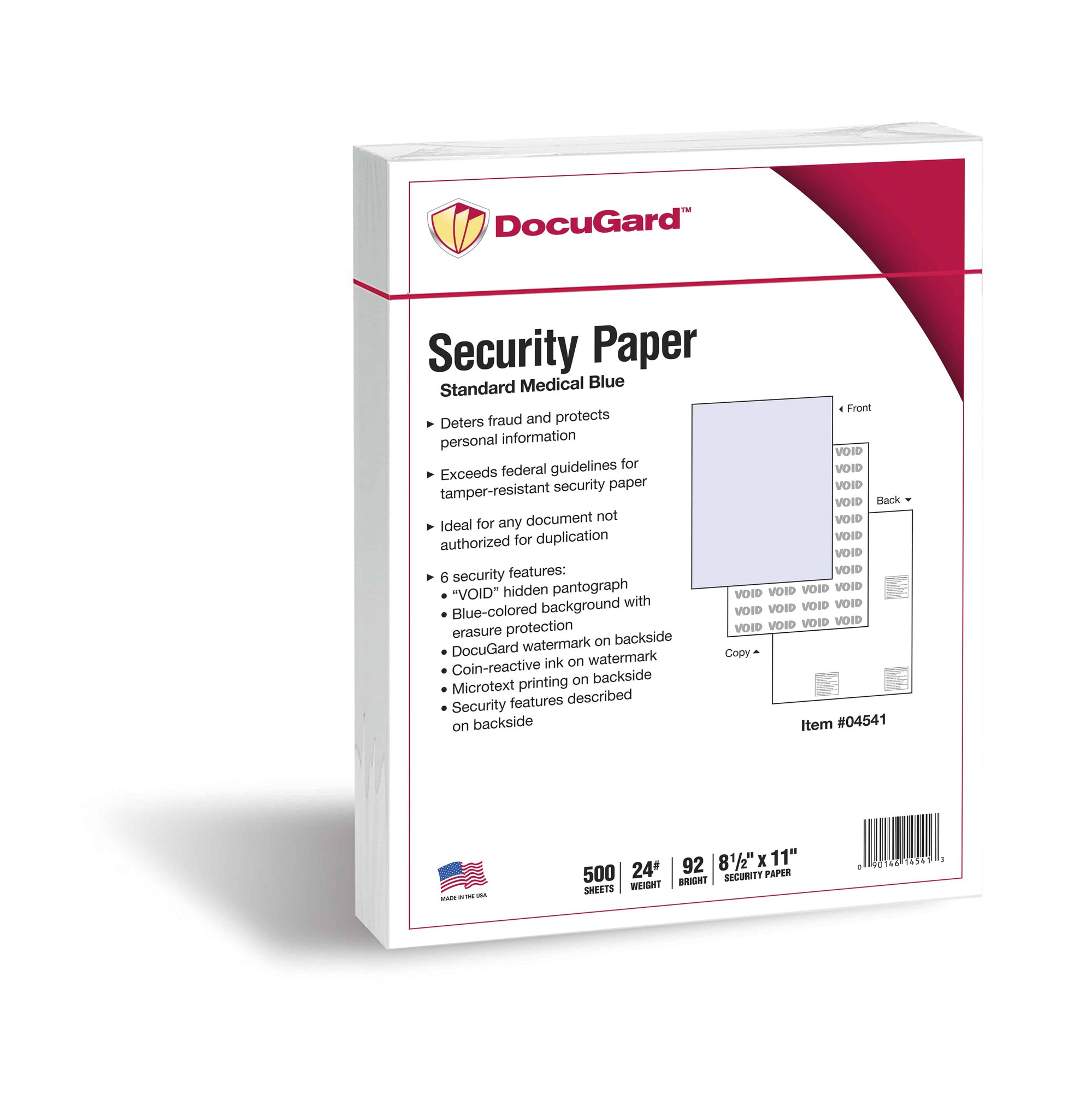 DocuGard Standard Medical Security Paper - Letter - 8 1/2" x 11" - 24 lb Basis Weight - 500 / Ream - Tamper Resistant, CMS Appro