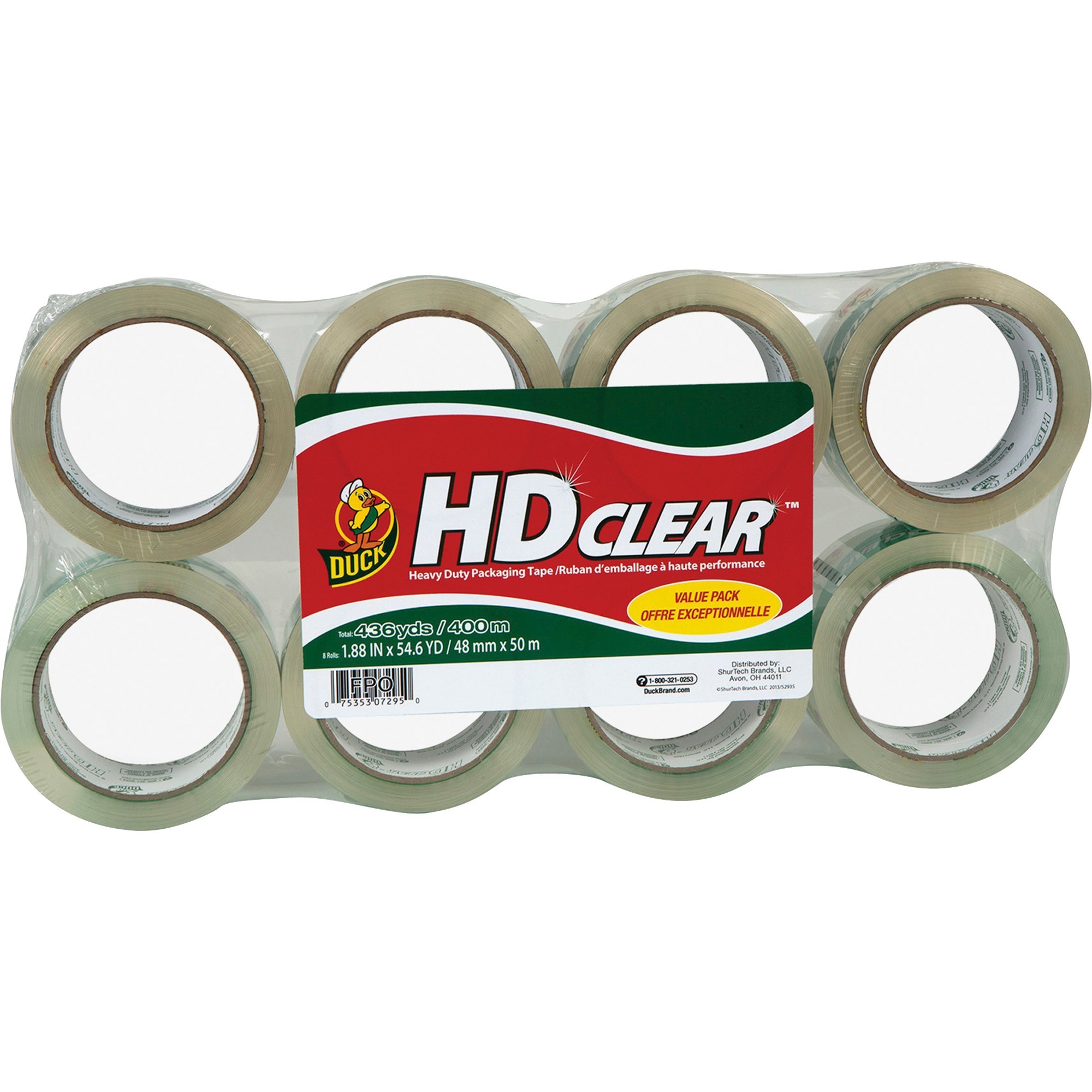 Duck Brand HD Clear Packing Tape - 54.60 yd Length x 1.88" Width - 2.6 mil Thickness - 3" Core - Acrylic - 8 / Pack - Crystal Cl