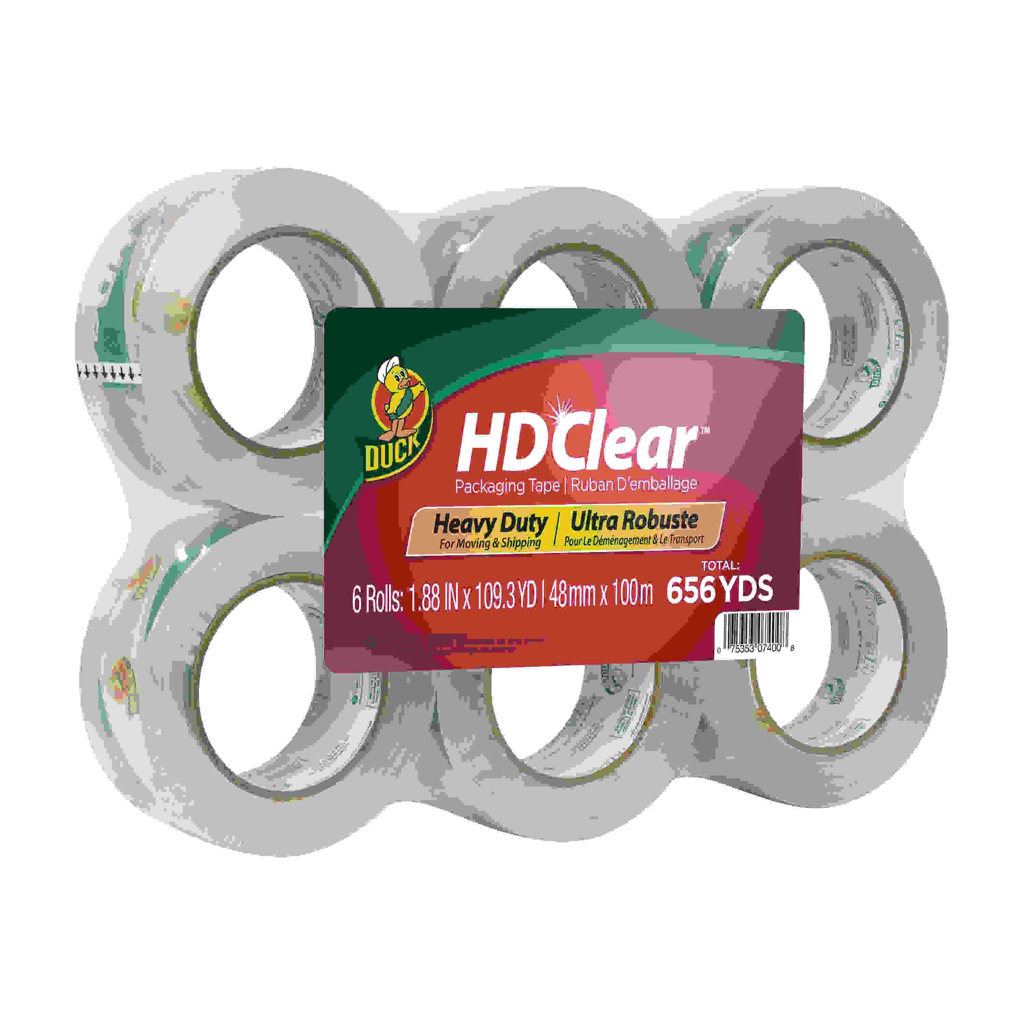 Duck Brand HD Clear Packing Tape - 109.30 yd Length x 1.88" Width - 2.6 mil Thickness - 6 / Pack - Clear