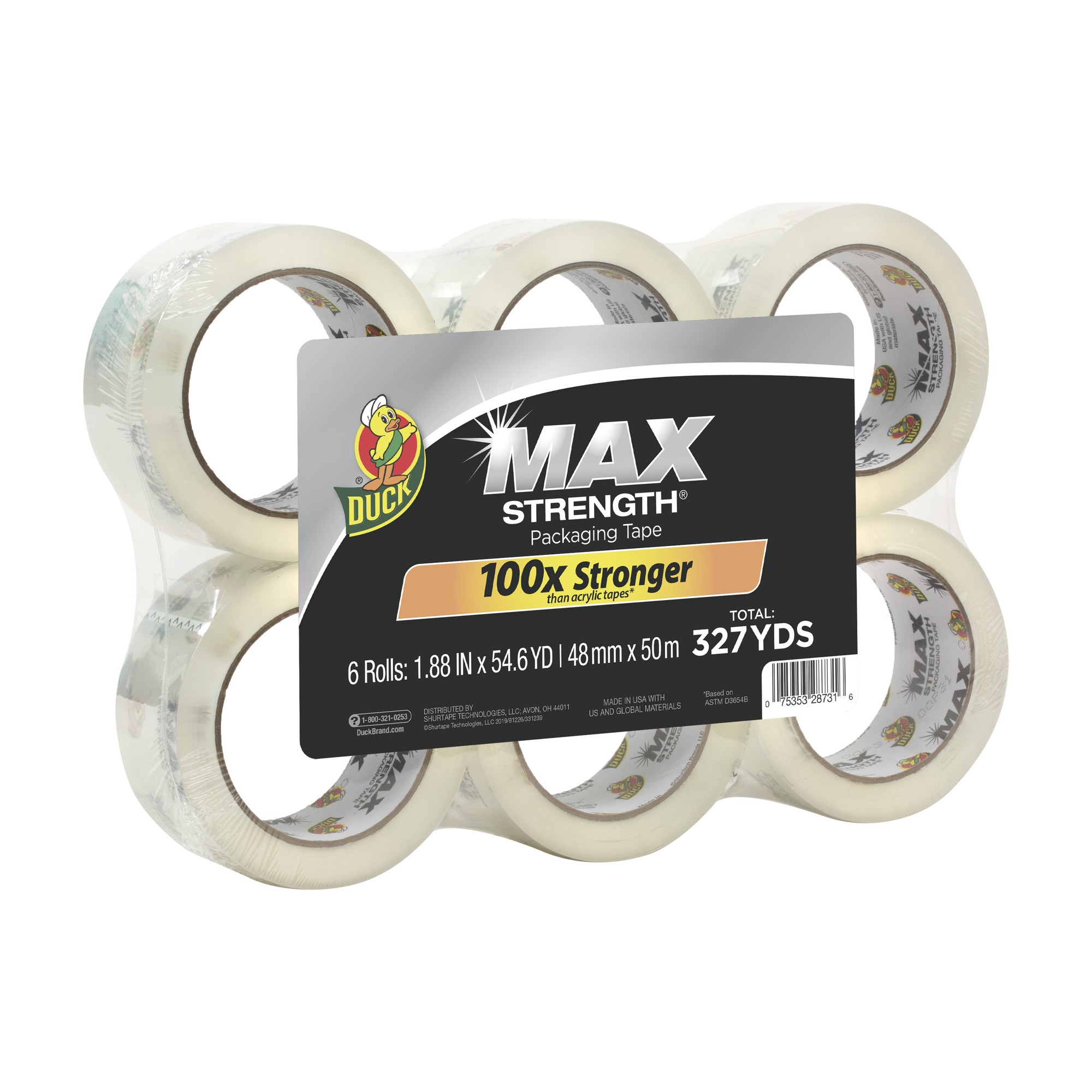 Duck Brand Brand Max Strength Packaging Tape - 54.60 yd Length x 1.88" Width - 3.1 mil Thickness - 6 / Pack - Clear