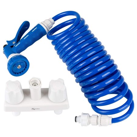 RV Exterior Spray Faucet W/ Coil Hose & Multi Spray Nozzle - White/Blue