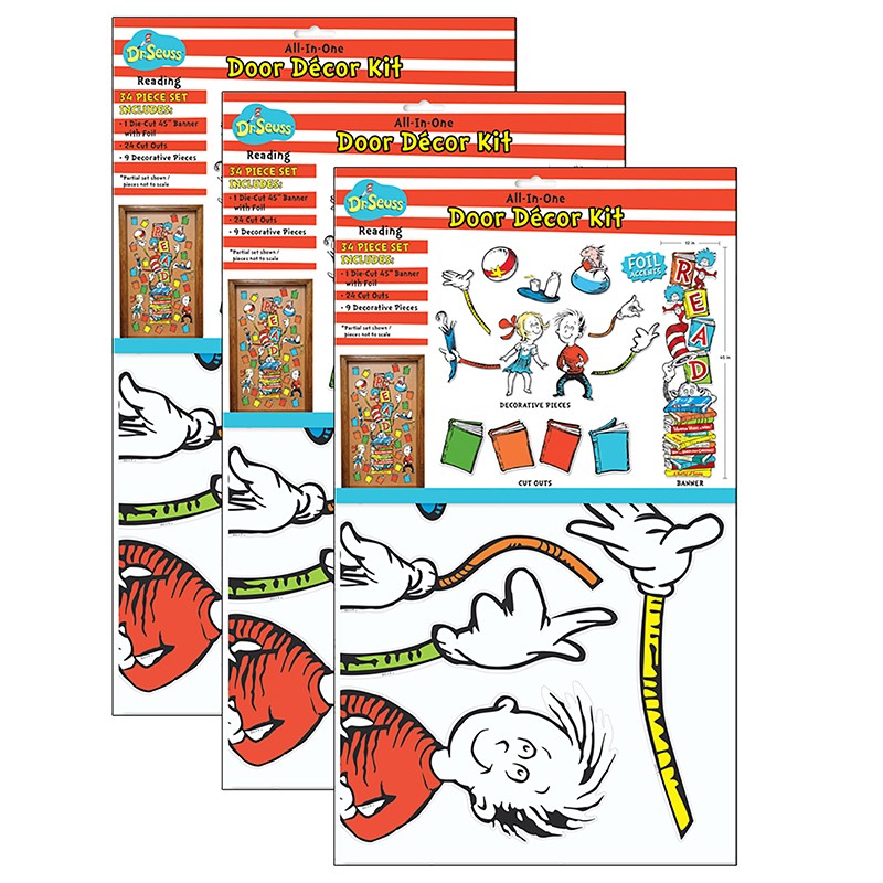Dr. Seuss Reading All-In-One Door Decor Kit, 34 Pieces Per Set, 3 Sets