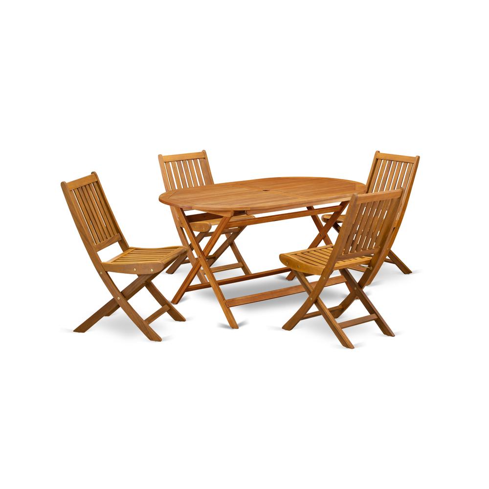 East West Furniture DIDK5CWNA 5-Piece Outdoor Dining Table Set- 4 Outdoor Dining Chairs Slatted Back and Outdoor Coffee Table an
