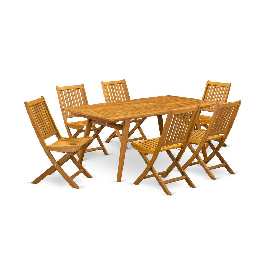 East West Furniture DEDK7CWNA 7-Piece Outdoor Set- 6 Foldable Chairs Slatted Back and Outdoor Table and Rectangle Top with Wood 