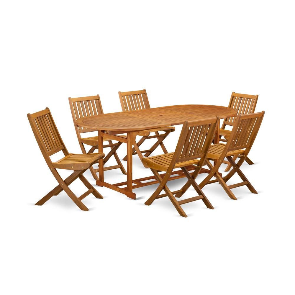 East West Furniture BSDK7CWNA 7-Pc Outdoor Set- 6 Outdoor Chairs Slatted Back and Outdoor Coffee Table and Round Top with Wooden