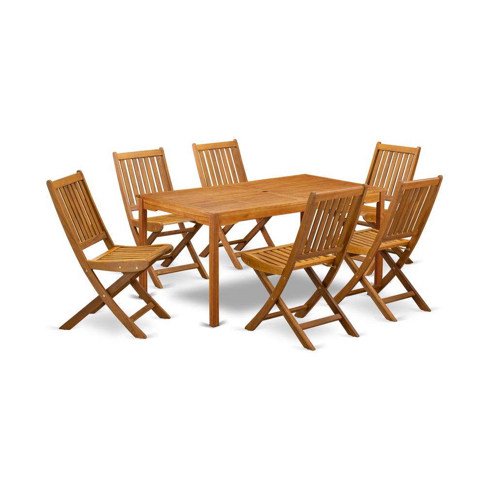 East West Furniture CMDK7CWNA 7-Pc Outdoor Table Set- 6 Patio Chairs Slatted Back and Outdoor Table and Rectangular Top with Woo