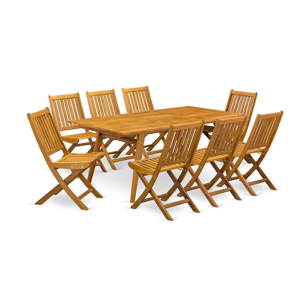 East West Furniture DEDK9CWNA 9-Pc Outdoor Table Set- 8 Outdoor Chairs Slatted Back and Modern Coffee Table and Rectangular Top 