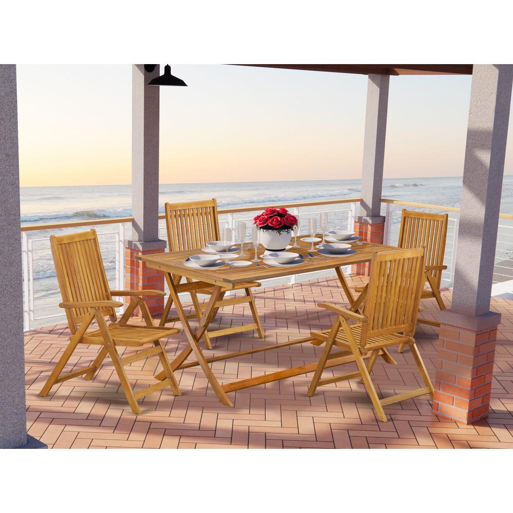 AECN5C5NA - 5 Piece Innovative Patio Dining Set - An Outdoor Table with Multi-Positions 4 Folding Patio Chairs- Natural Oil Fini