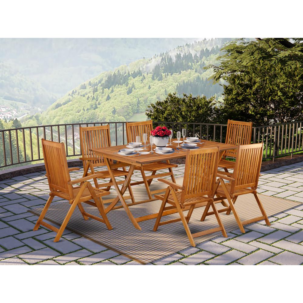 AECN7C5NA - 7 Piece Modern Folding Table Set-Beautiful Wood Table with Multi-Positions 6 Outdoor Patio Chairs- Natural Oil Finis
