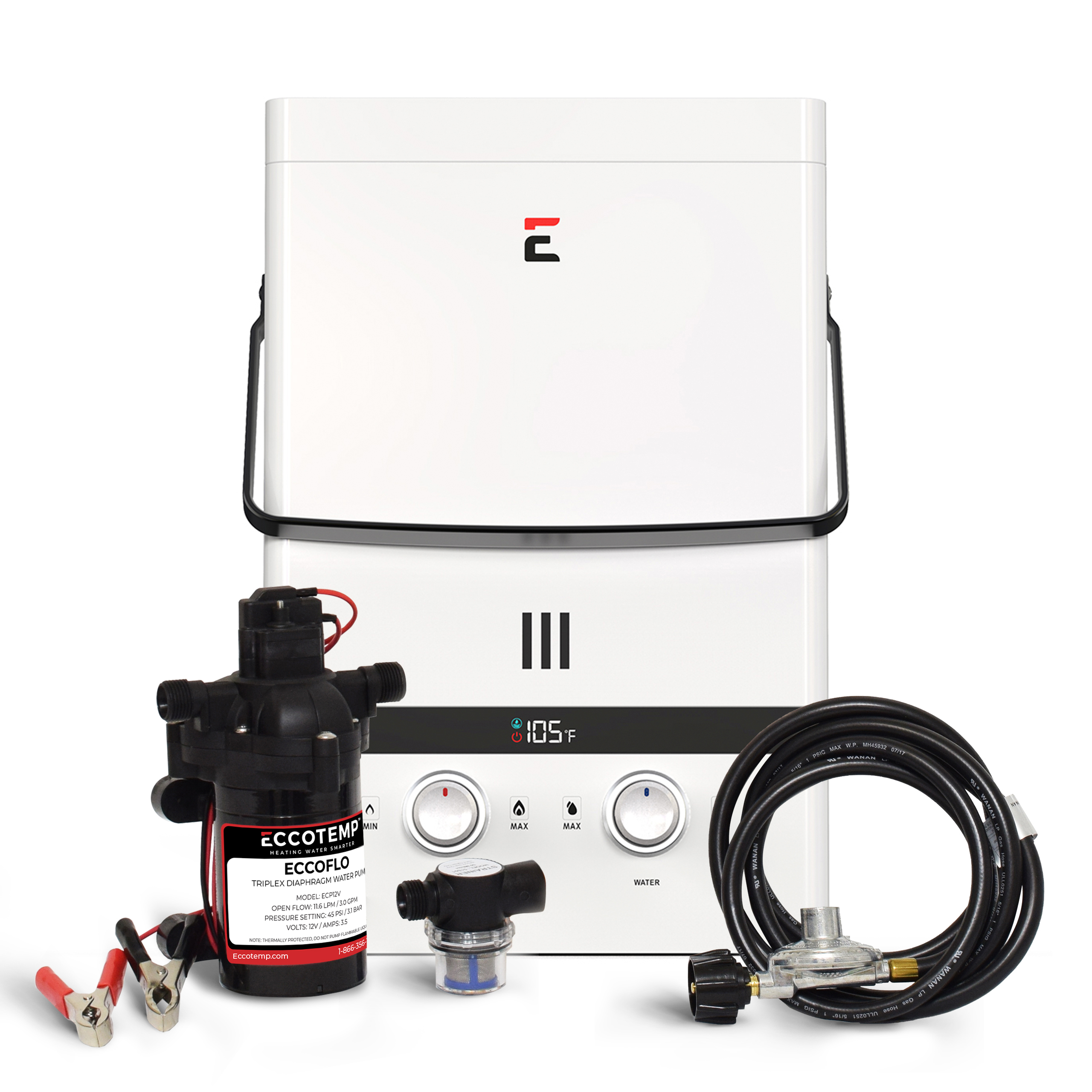 Eccotemp Luxe 1.85 GPM Outdoor Portable Tankless Water Heater w/ EccoFlo Diaphragm 12V Pump and Strainer