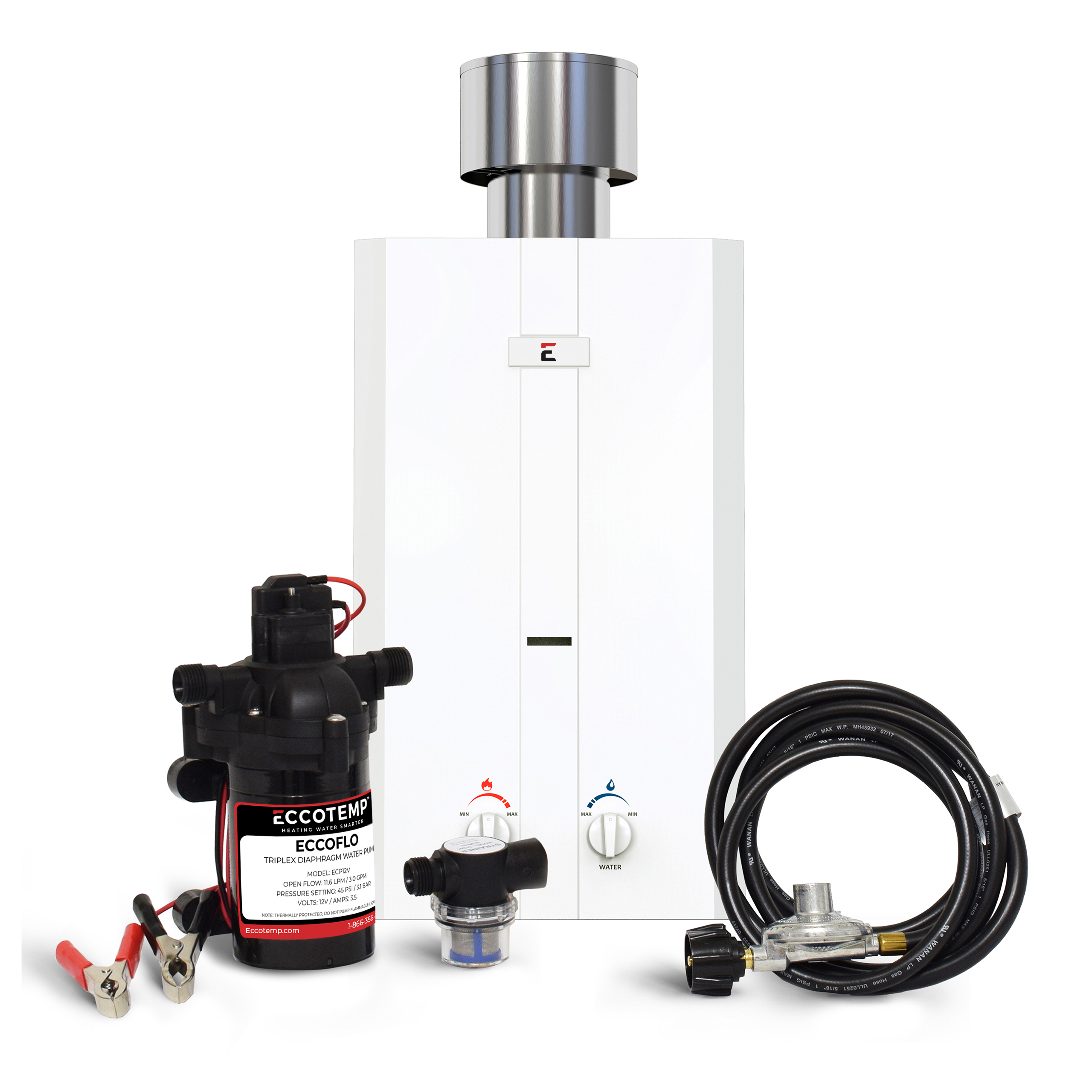 Eccotemp L10 Portable Outdoor Water Heater w/ EccoFlo Diaphragm 12V Pump & Strainer