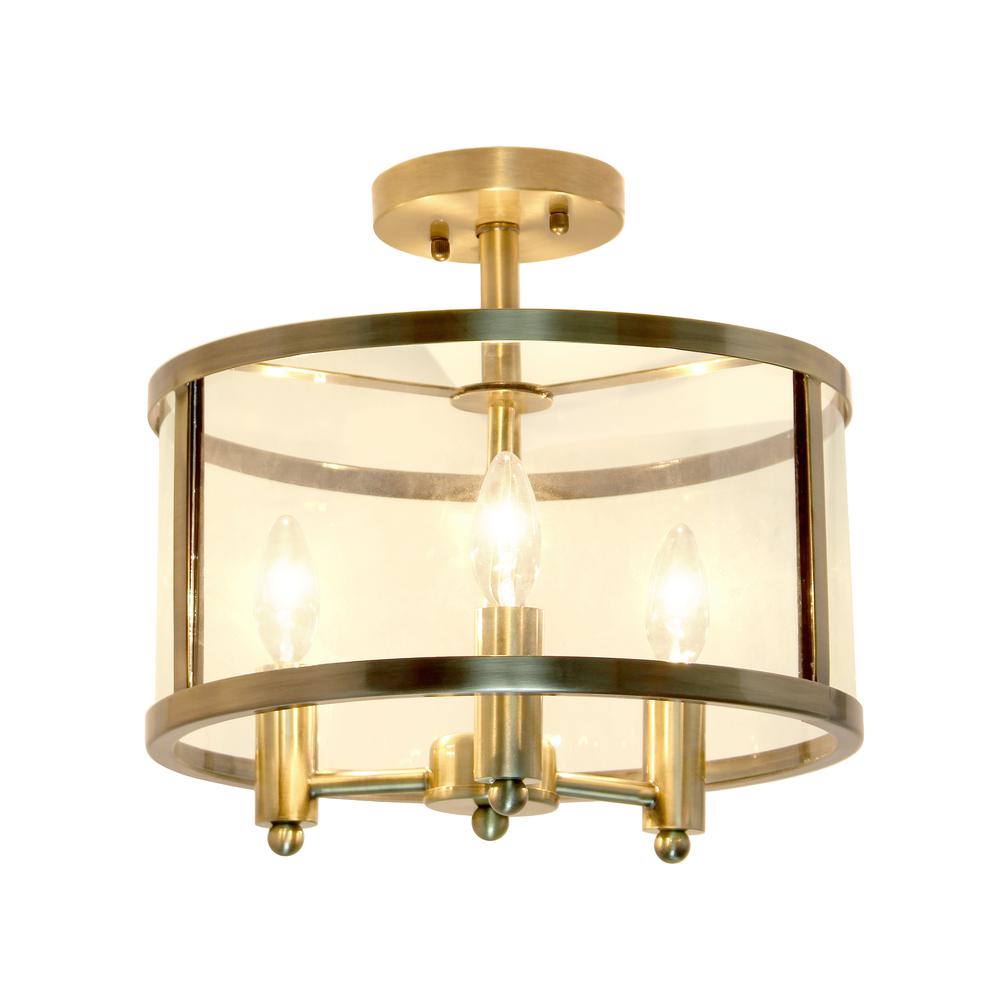Medium 13" Iron and Glass Shade Industrial 3-Light Ceiling, Antique Brass
