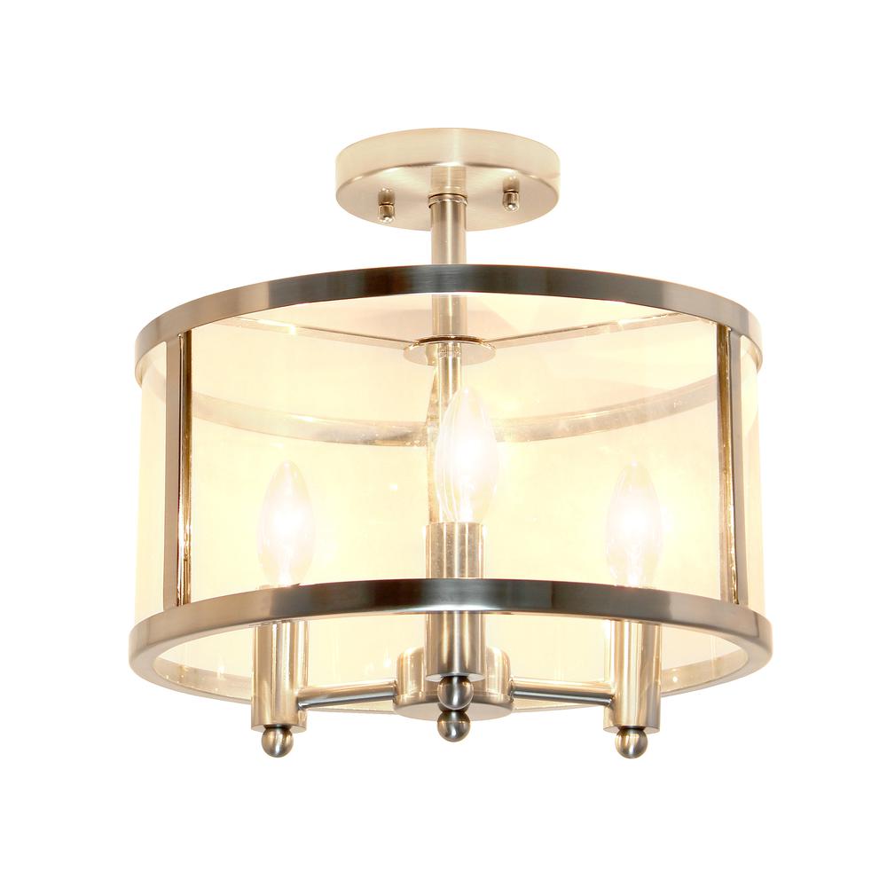 Medium 13" Iron and Glass Shade Industrial 3-Light Ceiling, Brushed Nickel