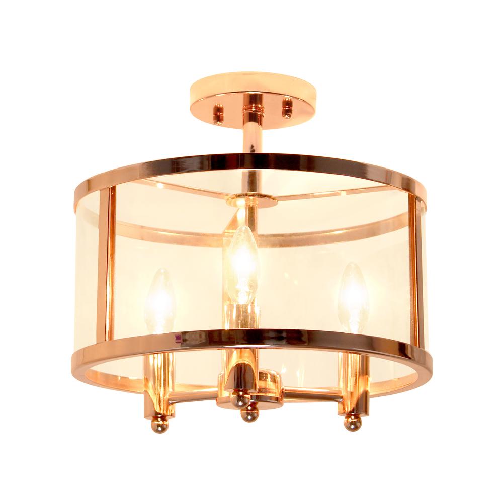 Medium 13" Iron and Glass Shade Industrial 3-Light Ceiling, Rose Gold