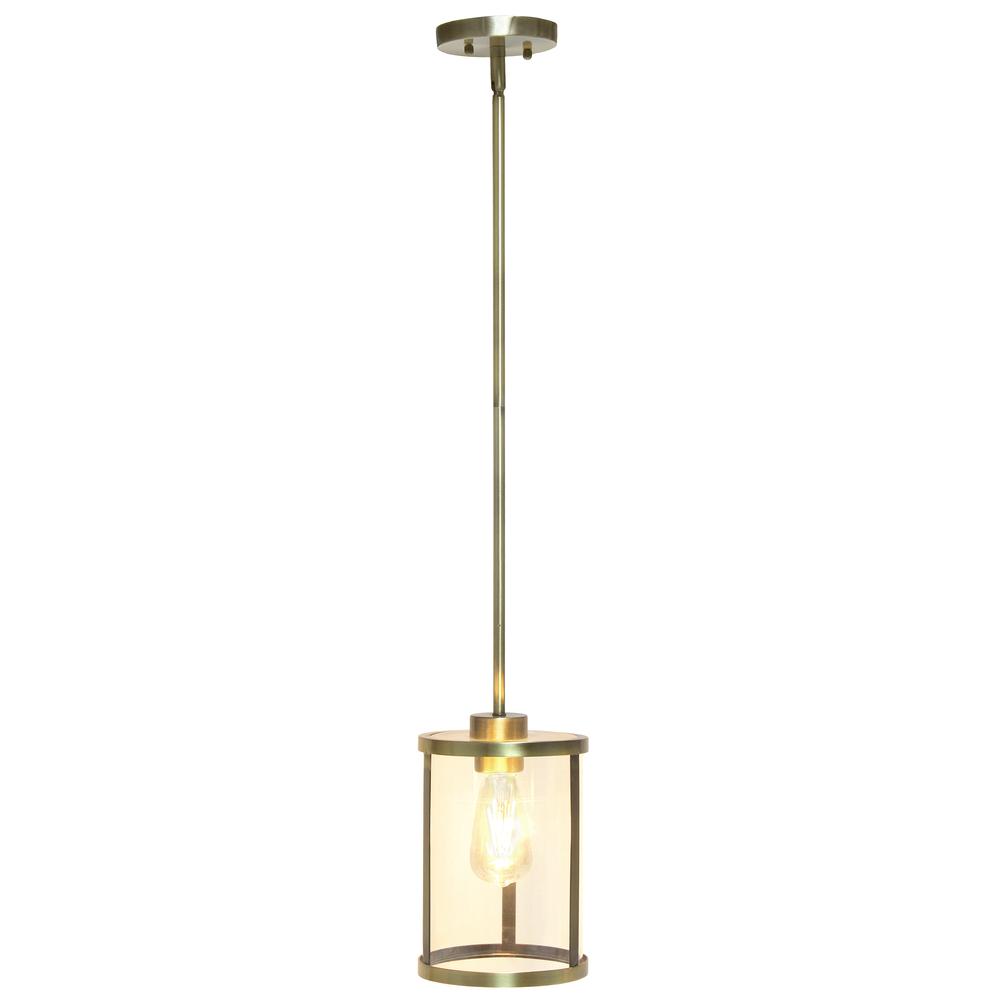 9.25" Modern 1-Light Metal and Clear Ceiling Pendant, Antique Brass