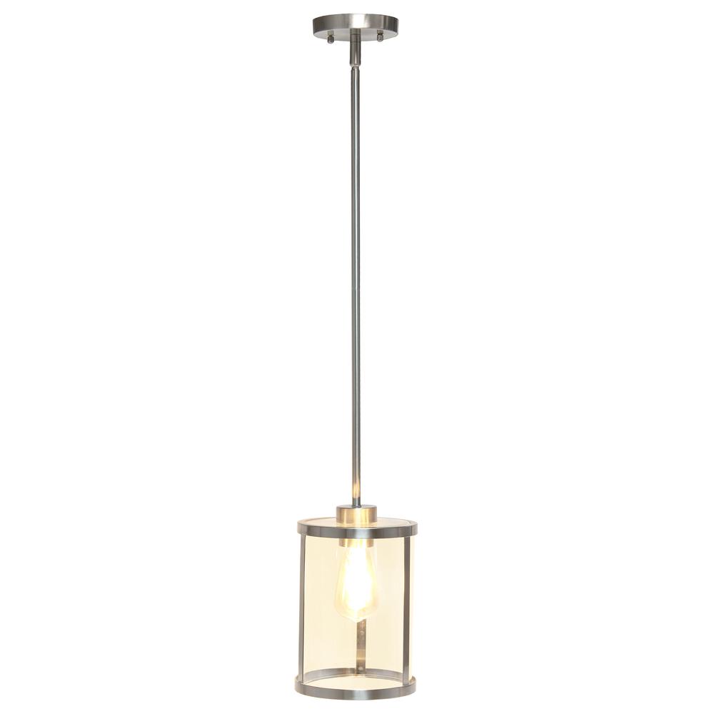 9.25" Modern 1-Light Metal and Clear Hanging Ceiling Pendant, Brushed Nickel