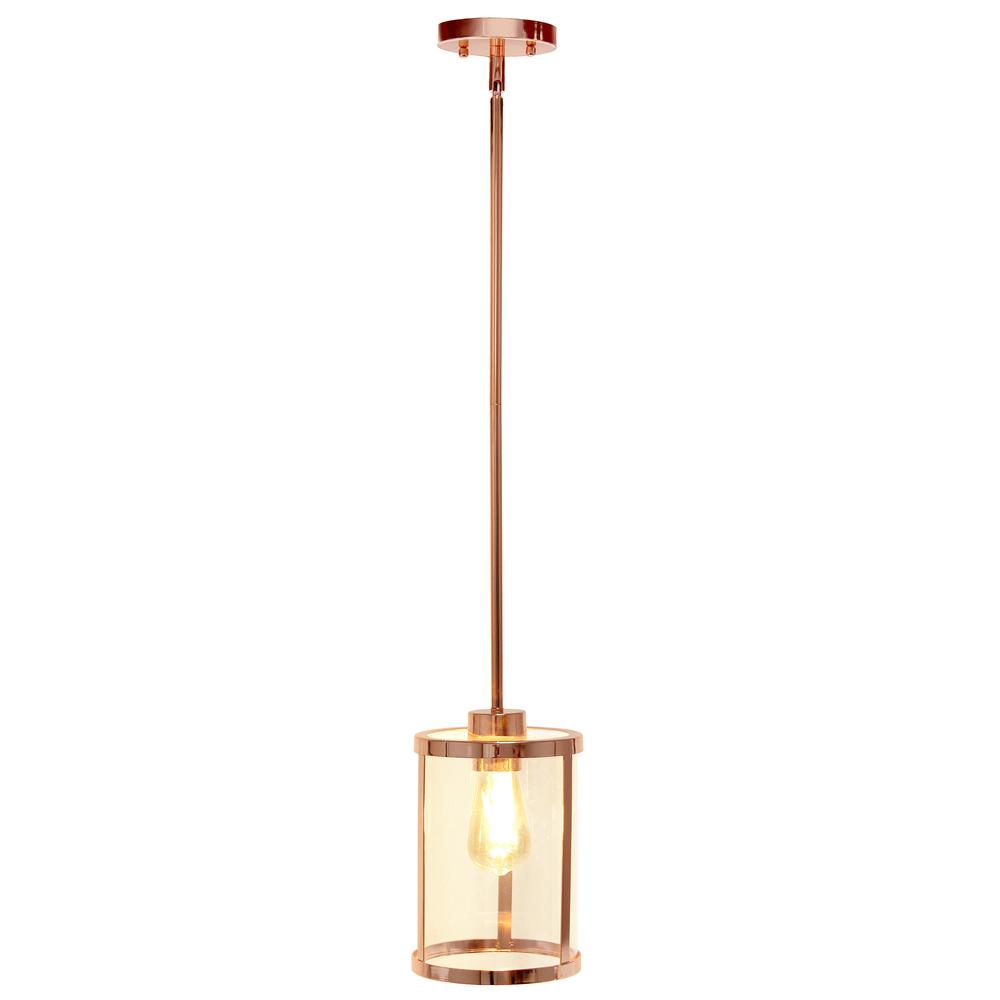 9.25" Modern 1-Light Metal and Clear Ceiling Pendant, Rose Gold
