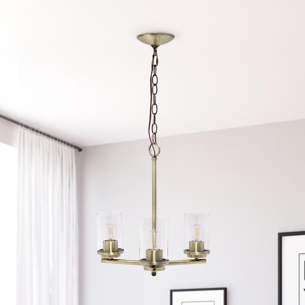15" 3-Light Metal Clear Glass Foyer Hanging Pendant Chandelier, Antique Brass