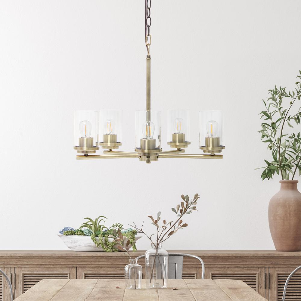 20.5" 5-Light Metal Clear Glass Foyer Hanging Pendant Chandelier, Antique Brass