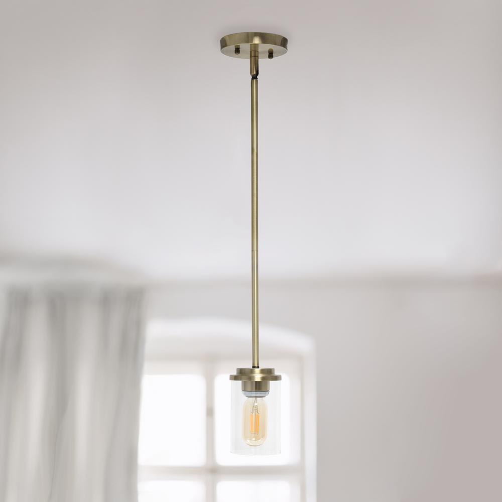 5.75" 1-Light Cylindrical Clear Glass Hanging Ceiling Pendant, Antique Brass