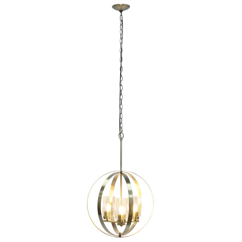 18" 3-Light Metal Clear Glass Hanging Ceiling Pendant, Antique Brass