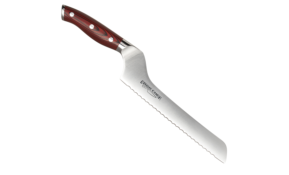 Crimson  Serrated Offset Bread knife - Red G10 Handle