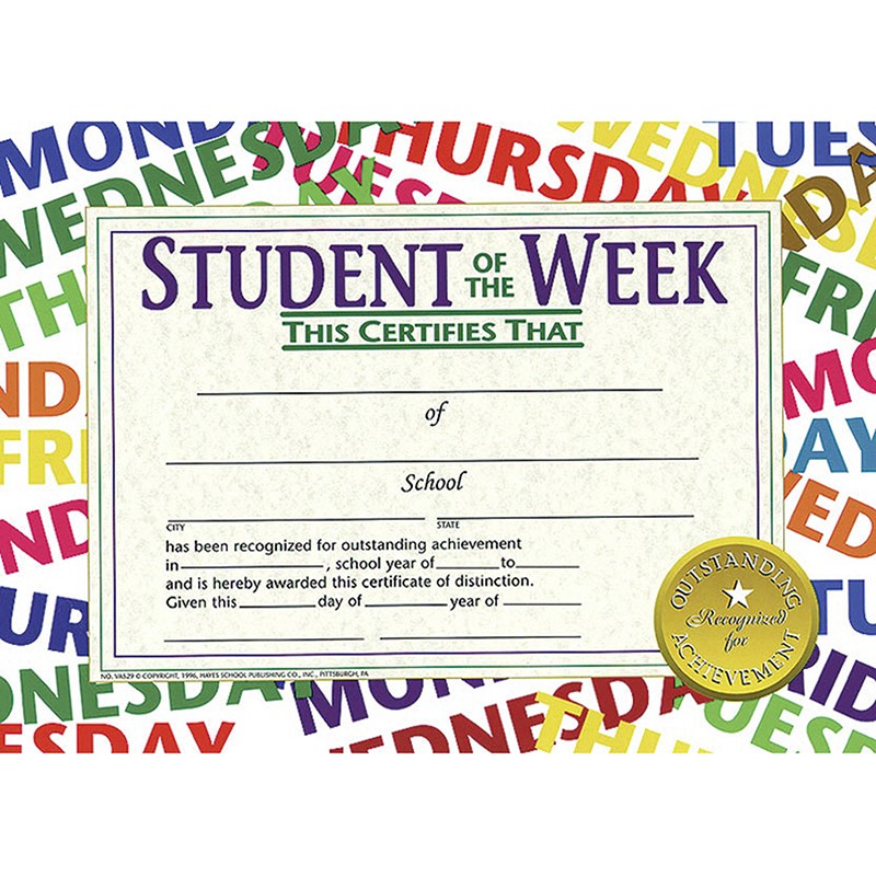 Student of the Week Certificate, 8.5" x 11", Pack of 30