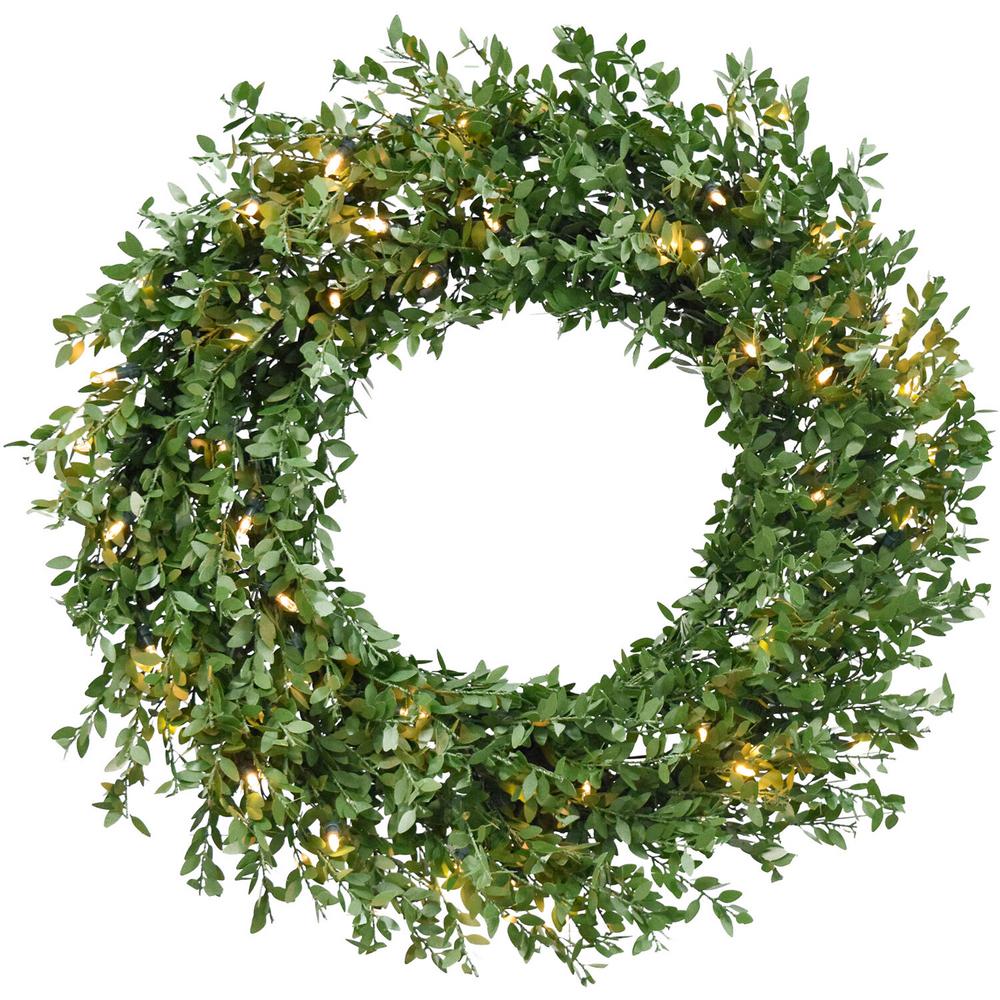FHF 24" Round Boxwood Wreath, Clear LED Light, 6AA Batteries, Timer