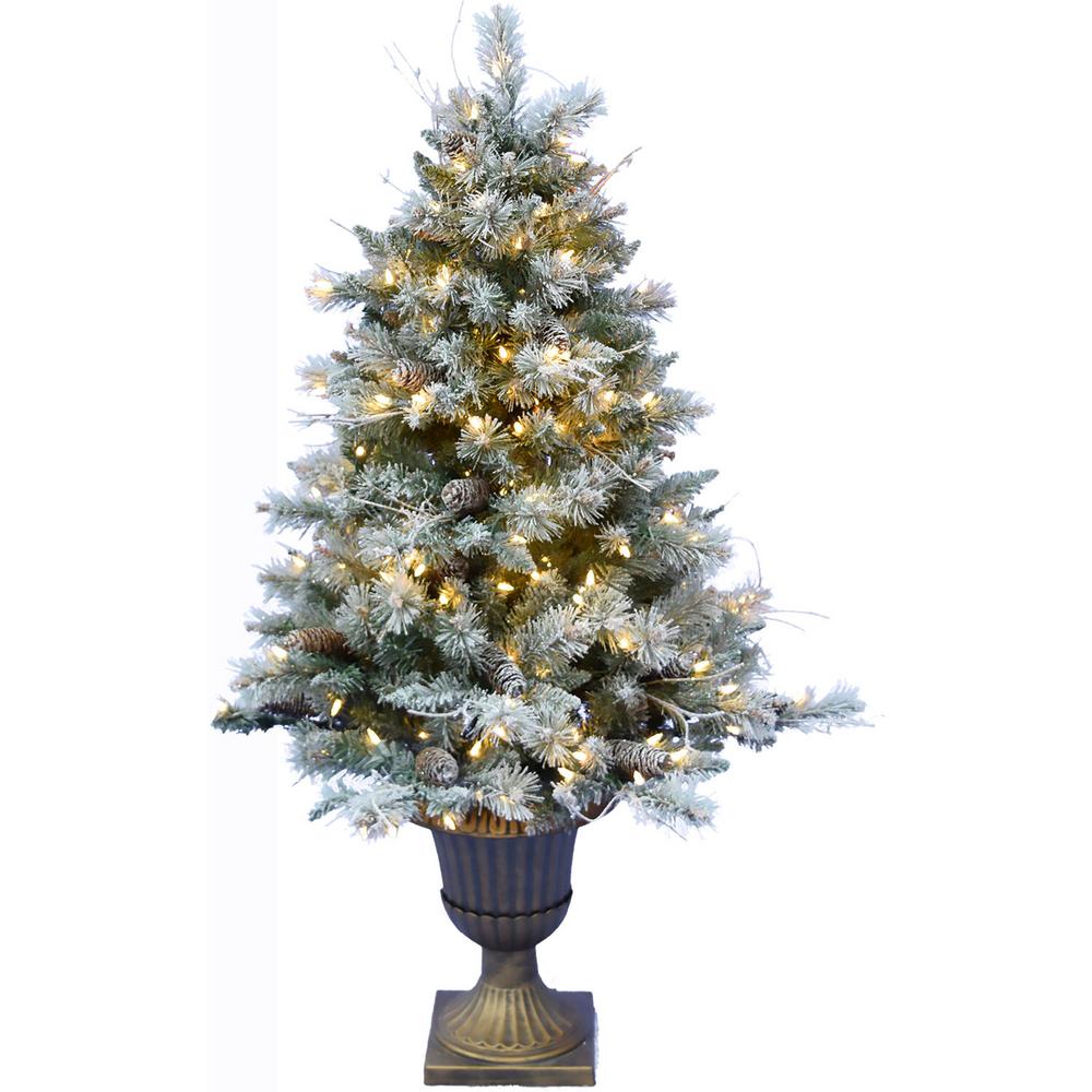 FHF 4.5' Porch Tree with Pincone, Gold Pedestal Pot, WW LED