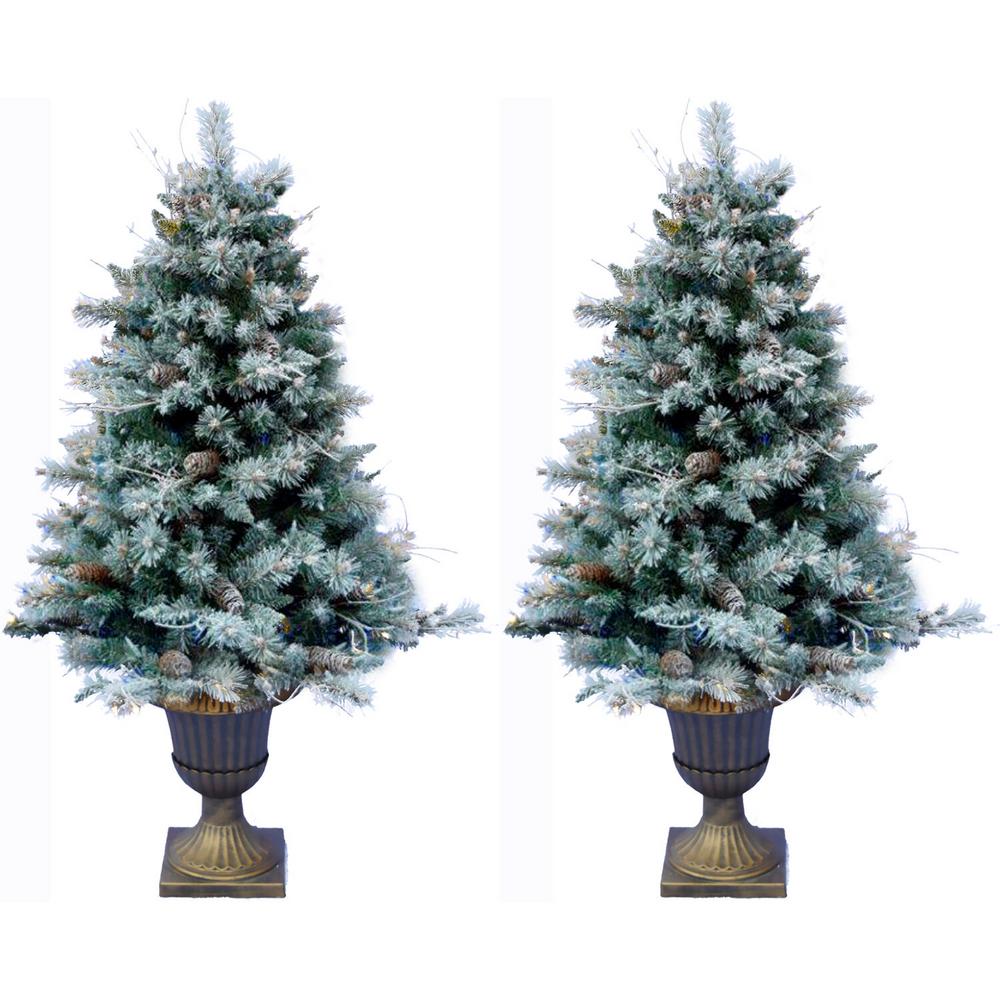 FHF 4.5' Porch Tree with Pincone, Gold Pedestal Pot, WW LED, SET 2