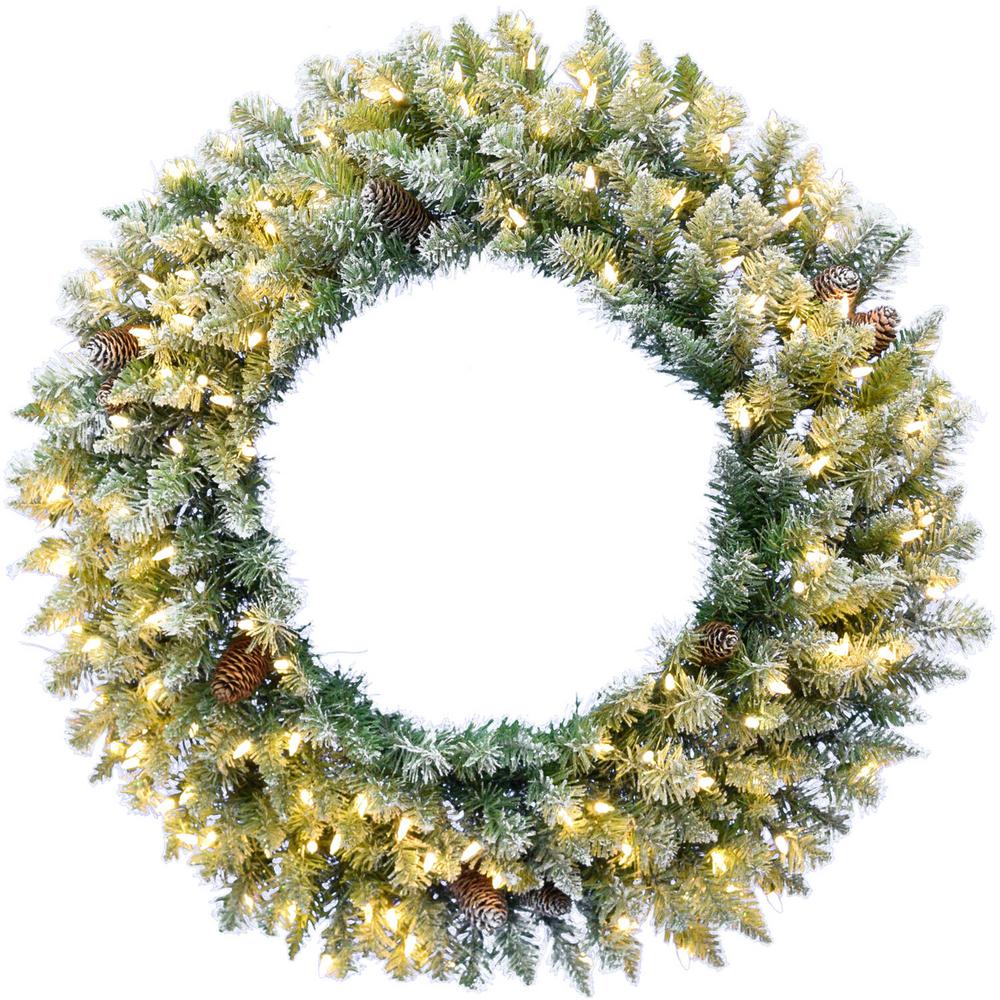 FHF 36" Frosted Wreath with Pinecone - WW LED Light
