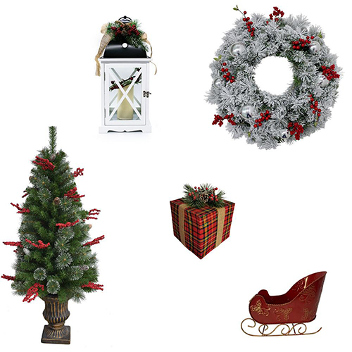 FHF Tartan Plaid Mantel Decor 5PC Set, Wreath, Box, Sled, Lantern, Tree