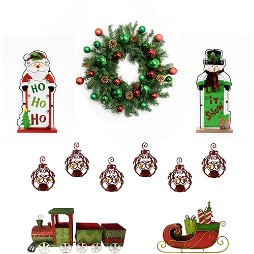 FHF Bright Mantel Decor 6PC Set, Wreath, Train, Signs, Hanging Ornaments
