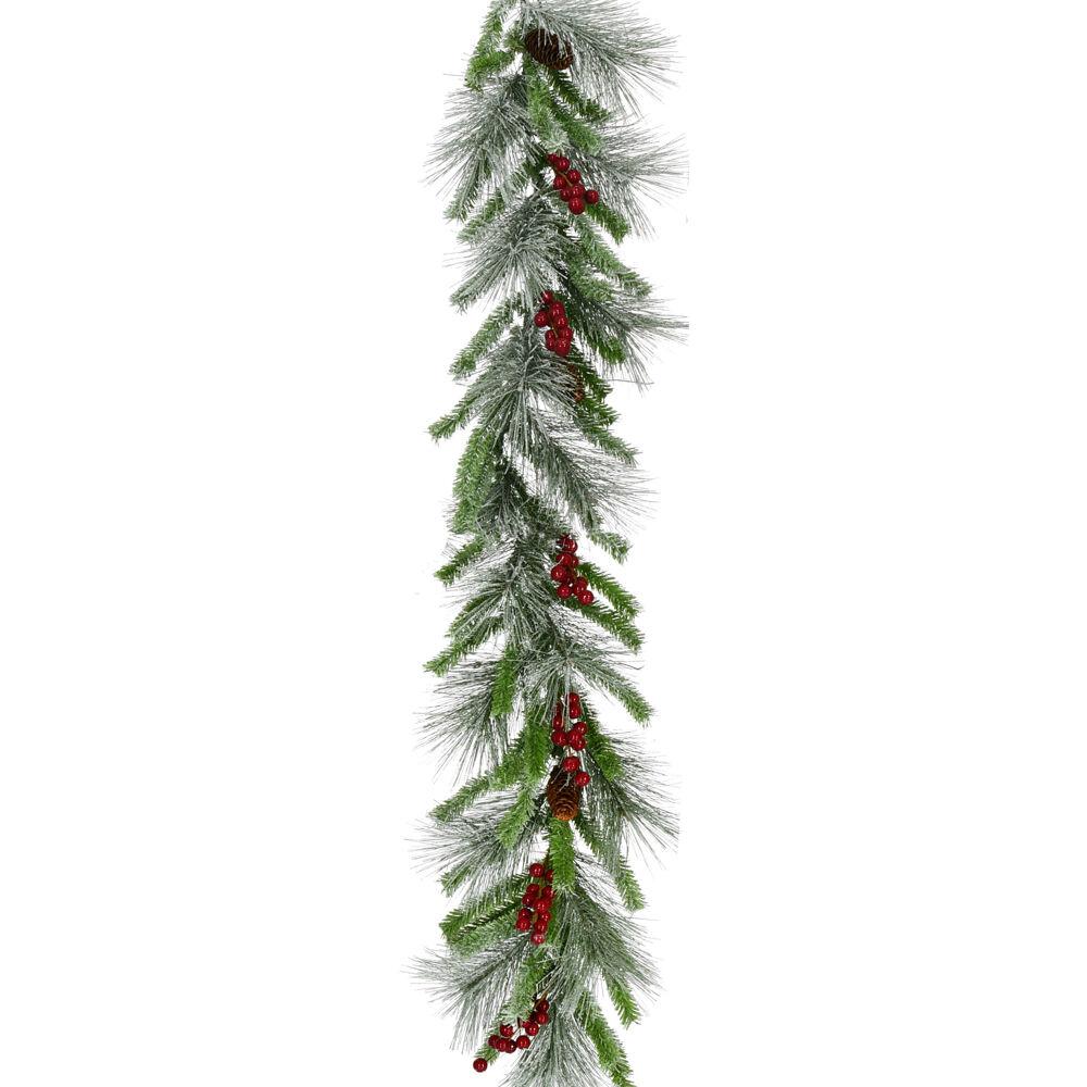 FHF 9' Lightly Flocked Pine Garland w/ Red Berries and Pinecones