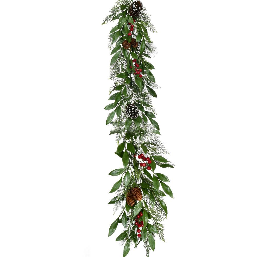 FHF 9' Green Mixed Leaf Garland w/ Red Berries and Pinecones