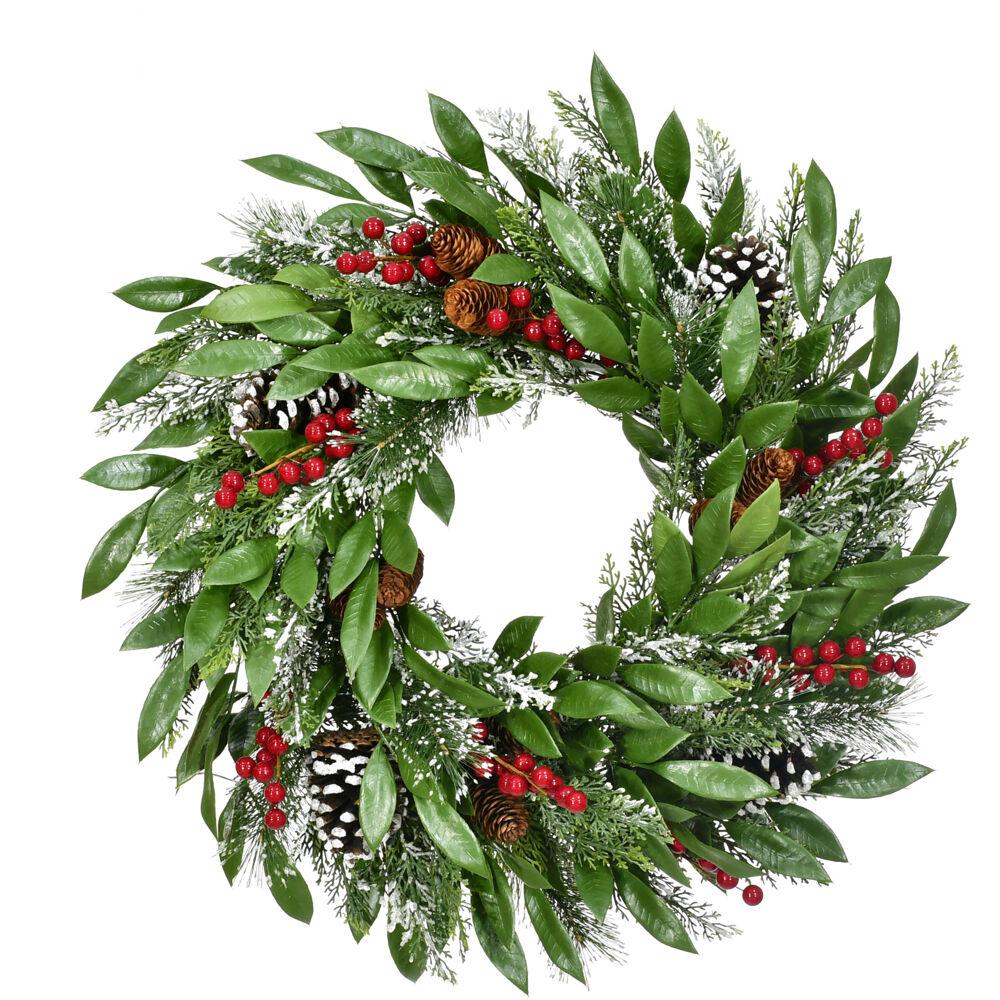 FHF 25" Green Mixed Leaf Wreath w/ Red Berries and Pinecones
