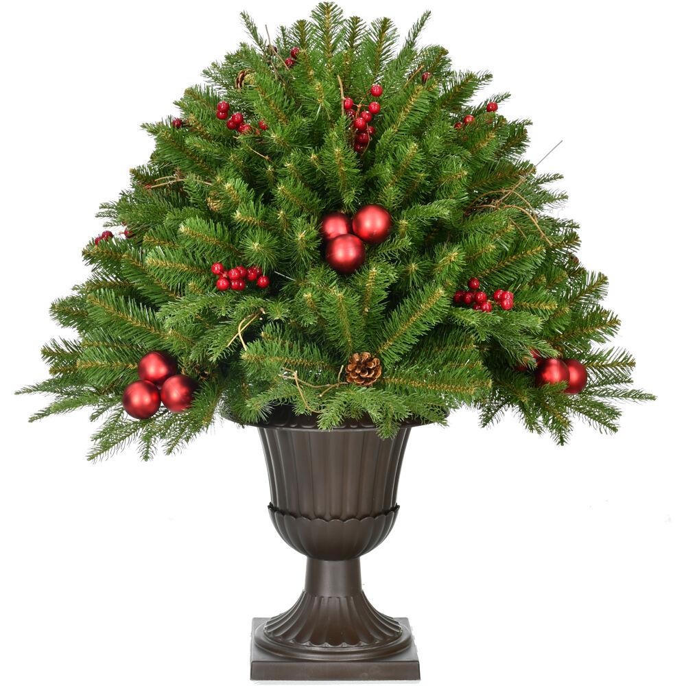 FHF Joyful 30" Porch Tree in Pedestal Urn, Berries, Pinecones, Ornaments