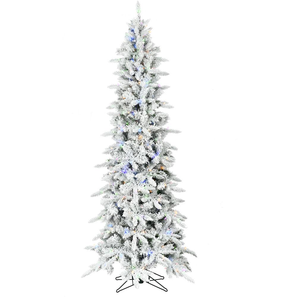 FHF 7.5' Slim Mountain Pine Flocked Christmas Tree, Dual Color LED, EZ